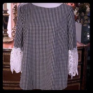 Ann Taylor LOFT Gingham Blouse Lace Bell Sleeves